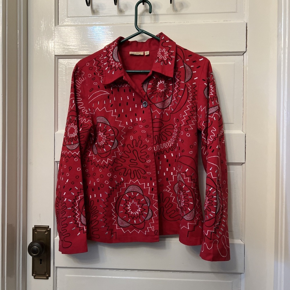 Choices Jacket Womens M Red Flowers Embroidered Artsy Festival Boho Bandana A